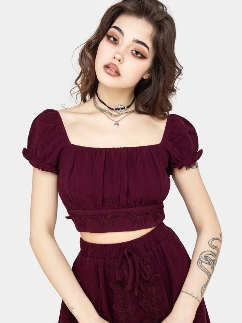 DISTURBIA Psyche burgundy butterfly applique crop top